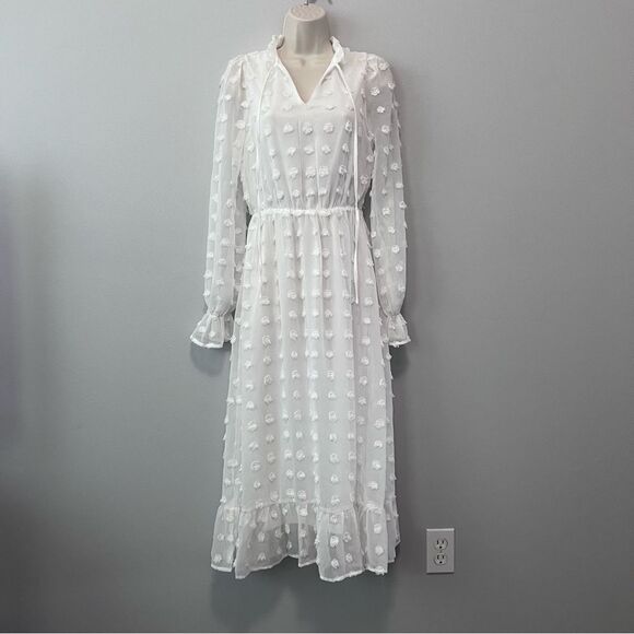 Shein White Long Sleeve Swiss Dot Midi Dress Size 2 - Picture 1 of 8